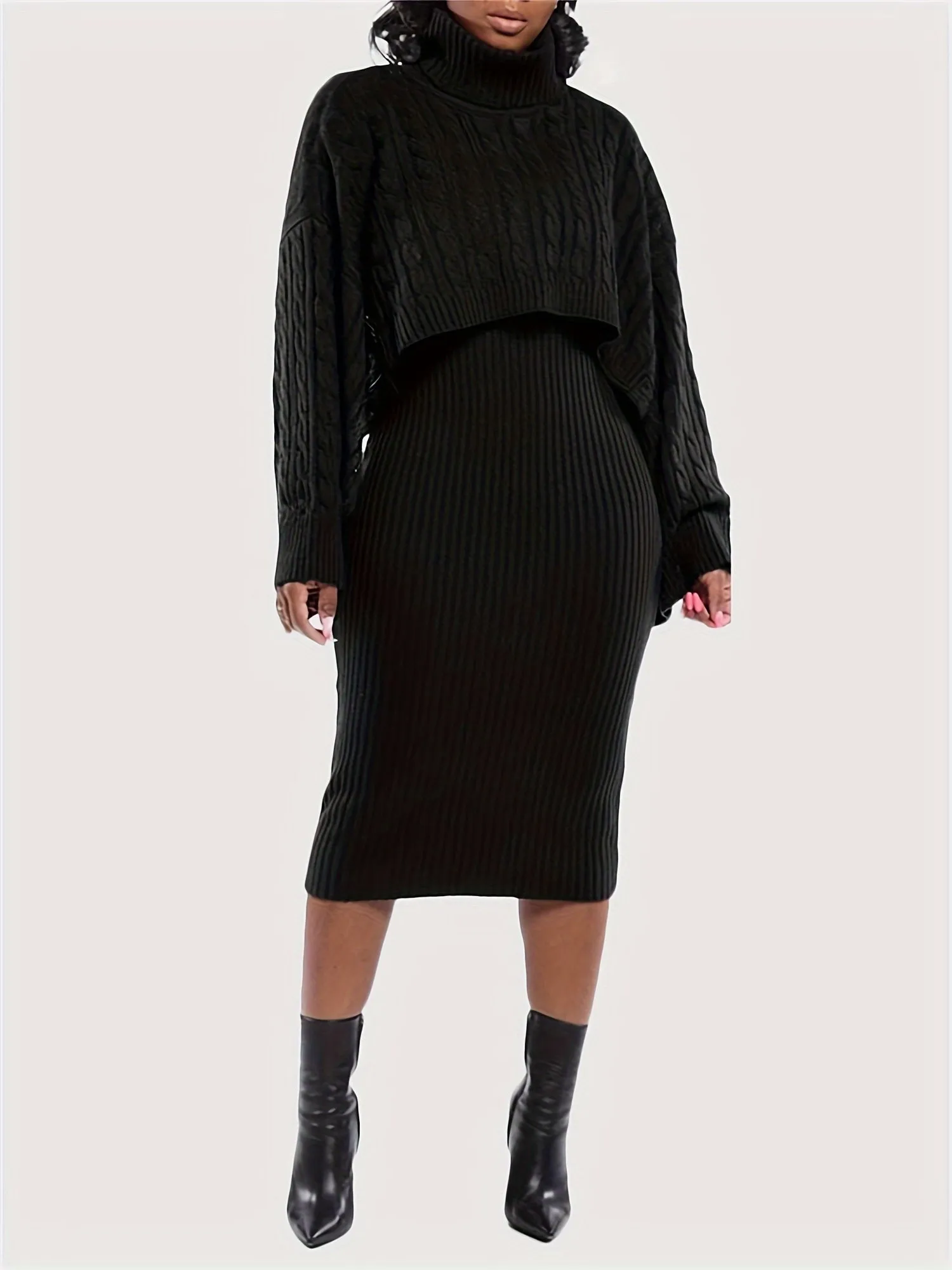 Womens Chic Sweater Dress Set High Neck Cape Sleeves