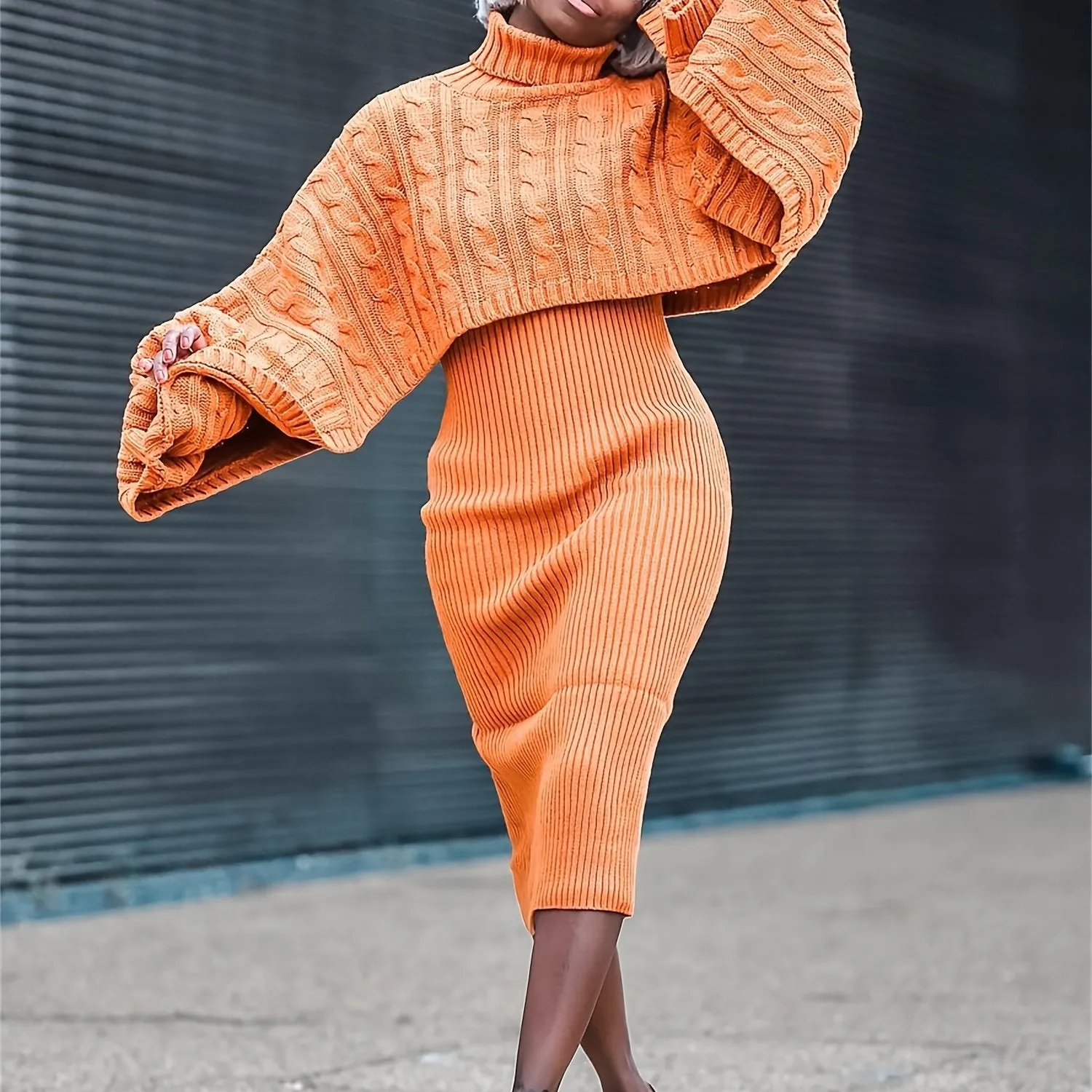 Womens Chic Sweater Dress Set High Neck Cape Sleeves