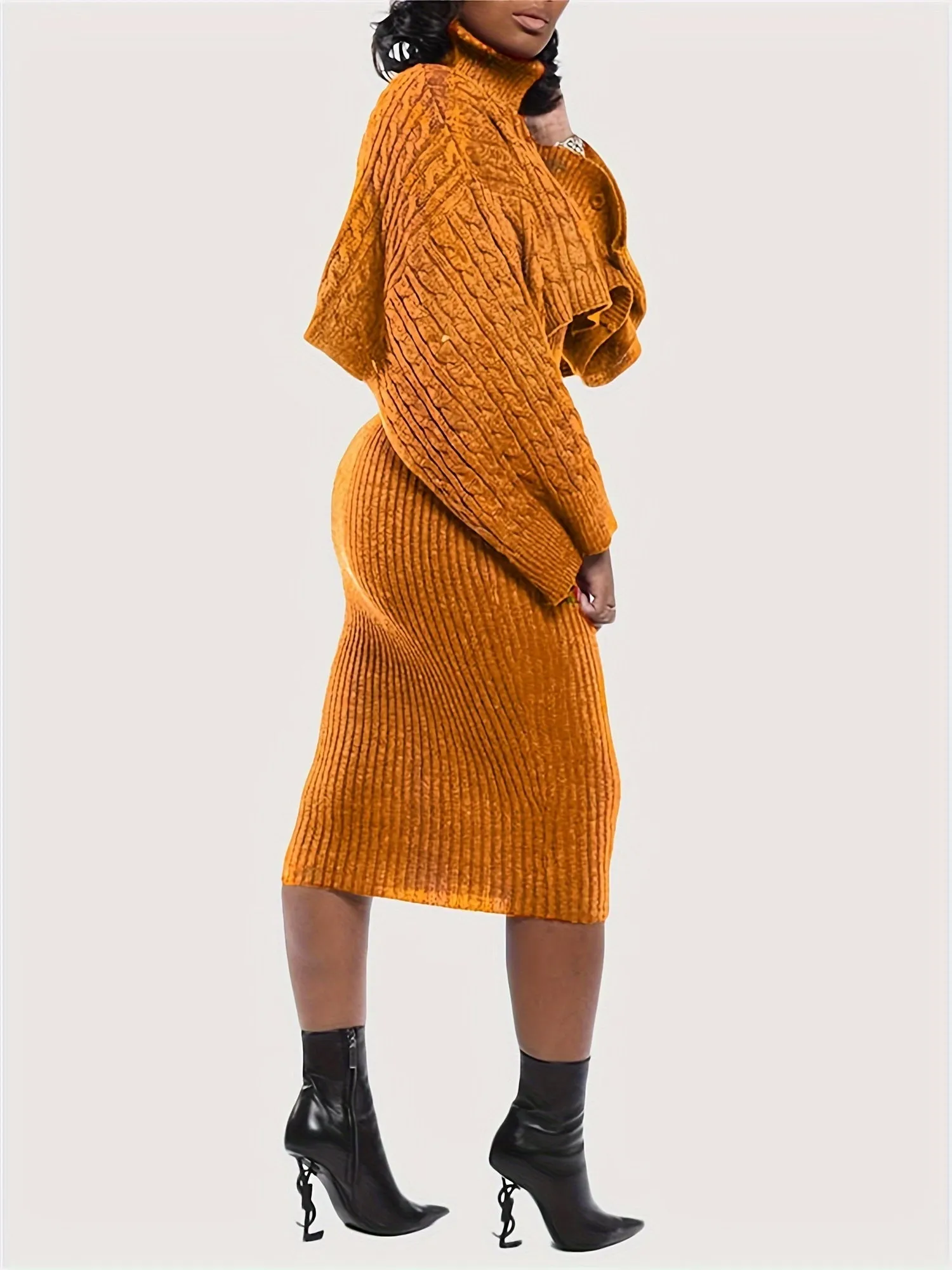 Womens Chic Sweater Dress Set High Neck Cape Sleeves