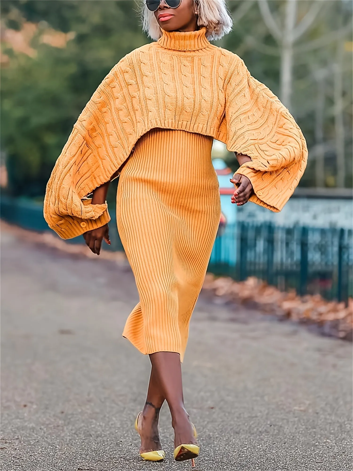 Womens Chic Sweater Dress Set High Neck Cape Sleeves