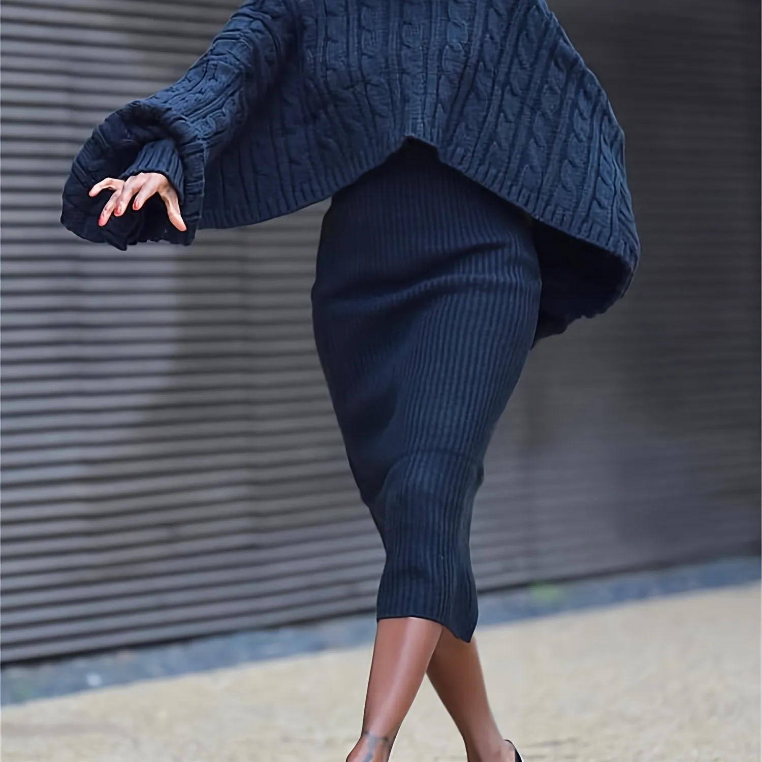 Womens Chic Sweater Dress Set High Neck Cape Sleeves