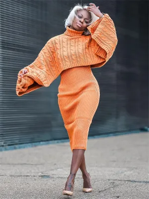 Womens Chic Sweater Dress Set High Neck Cape Sleeves
