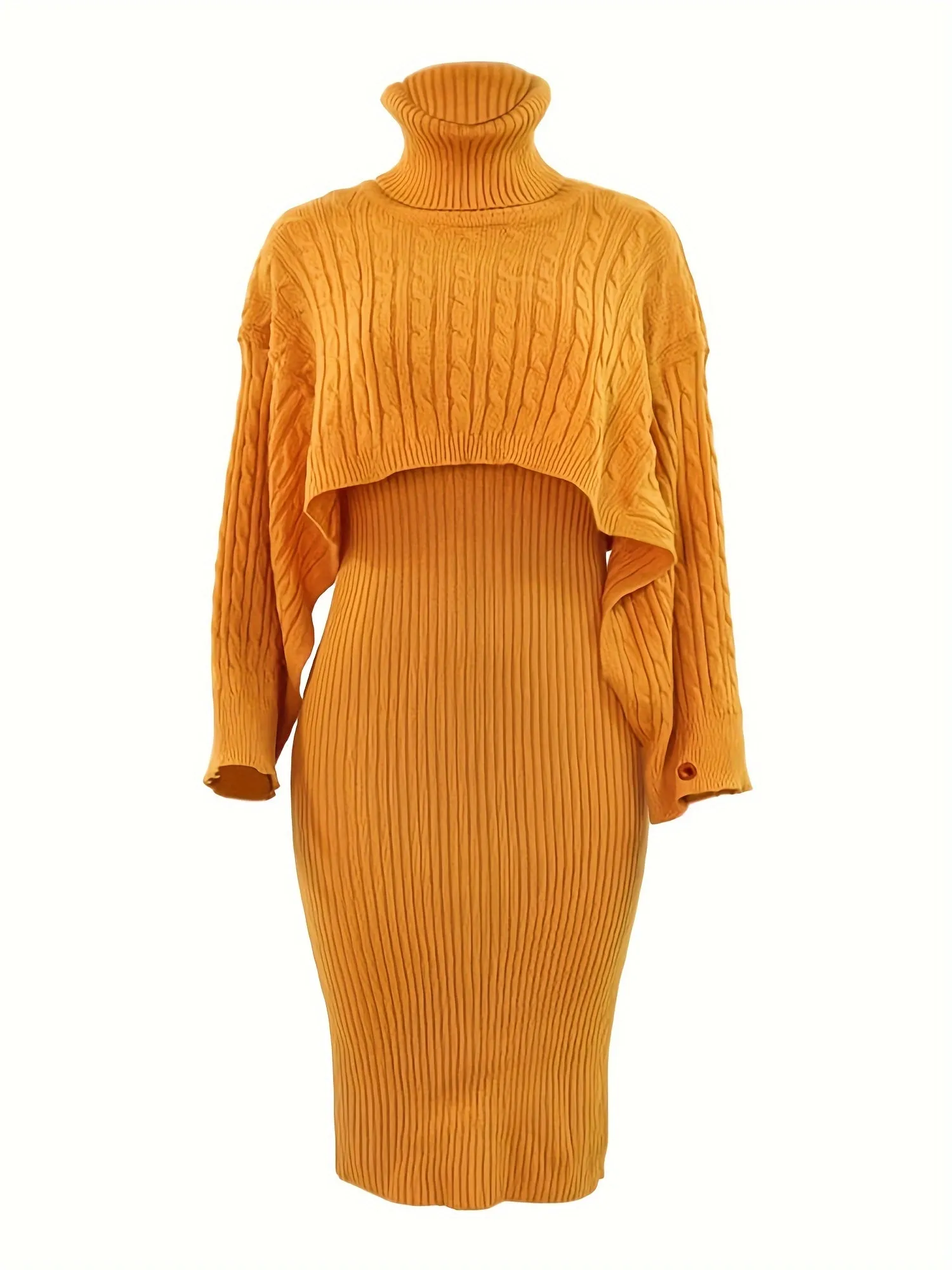 Womens Chic Sweater Dress Set High Neck Cape Sleeves