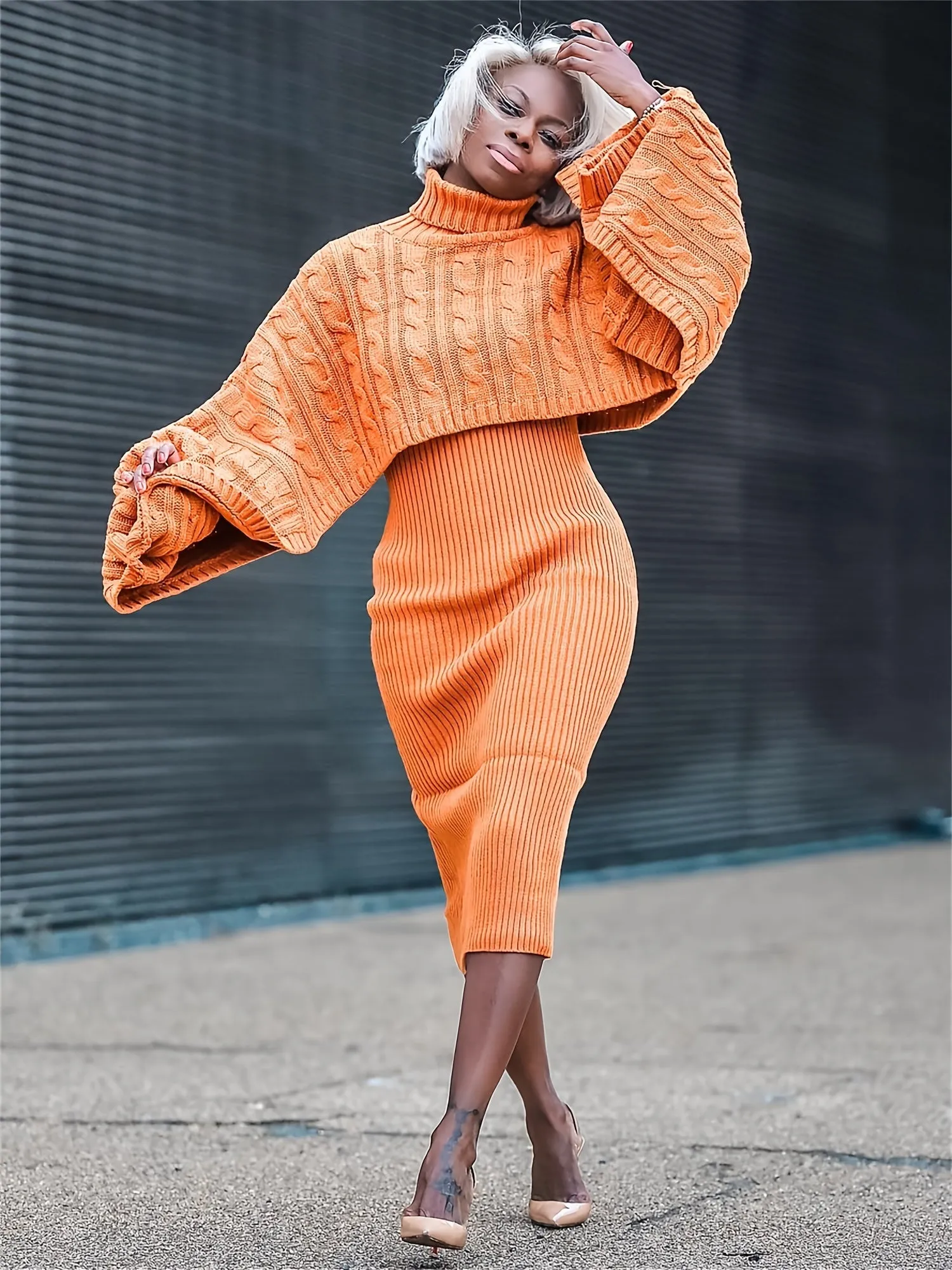 Womens Chic Sweater Dress Set High Neck Cape Sleeves