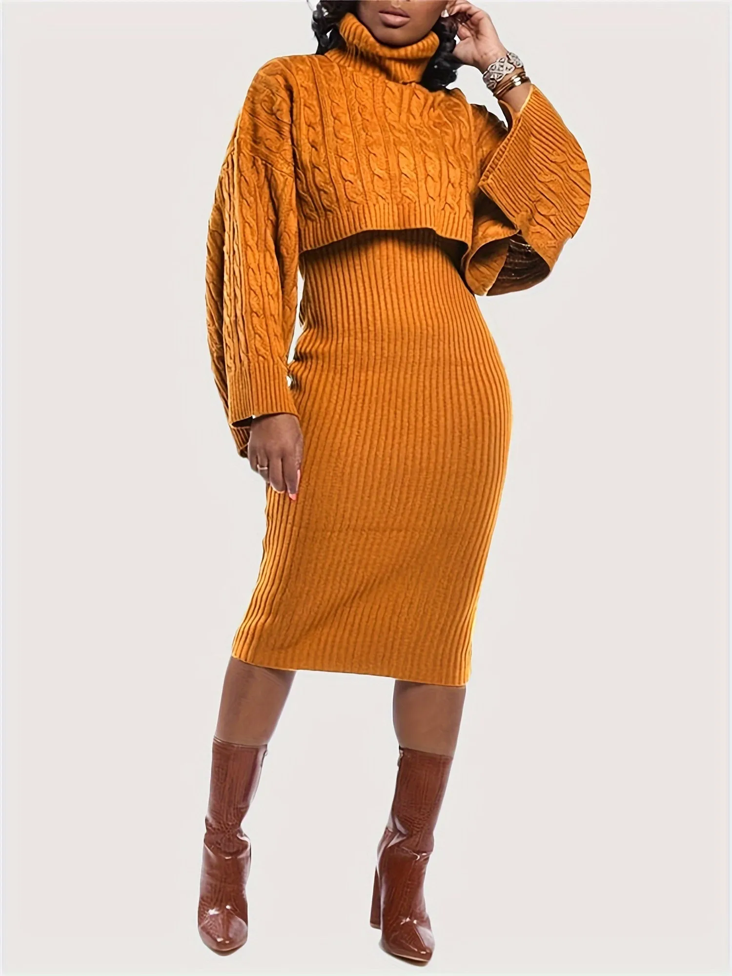 Womens Chic Sweater Dress Set High Neck Cape Sleeves