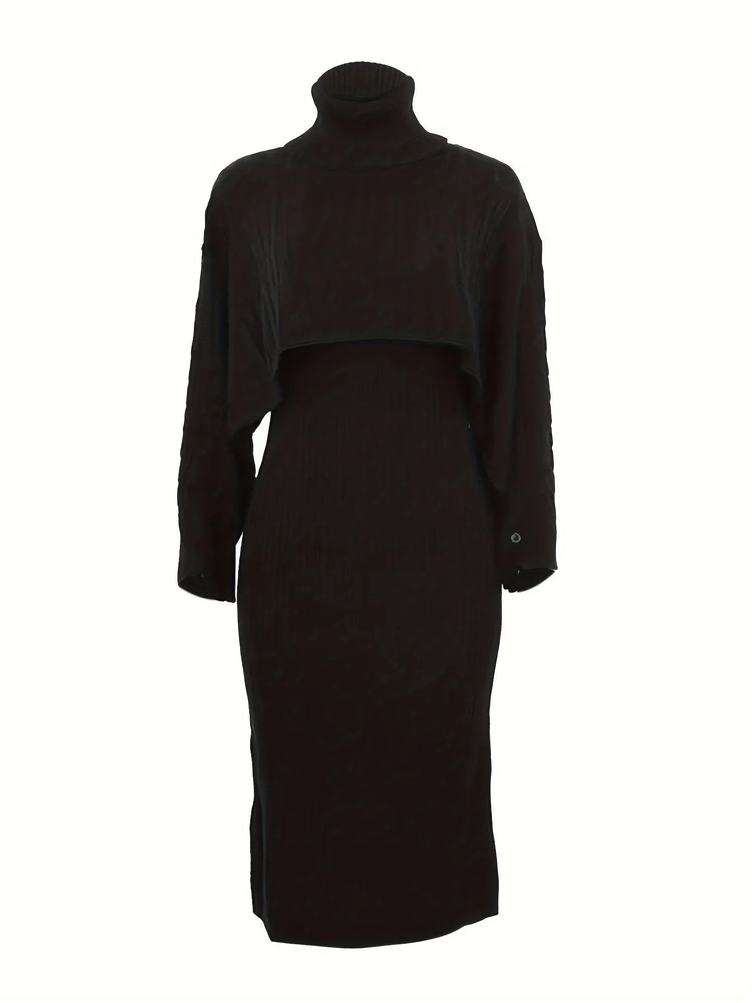 Womens Chic Sweater Dress Set High Neck Cape Sleeves