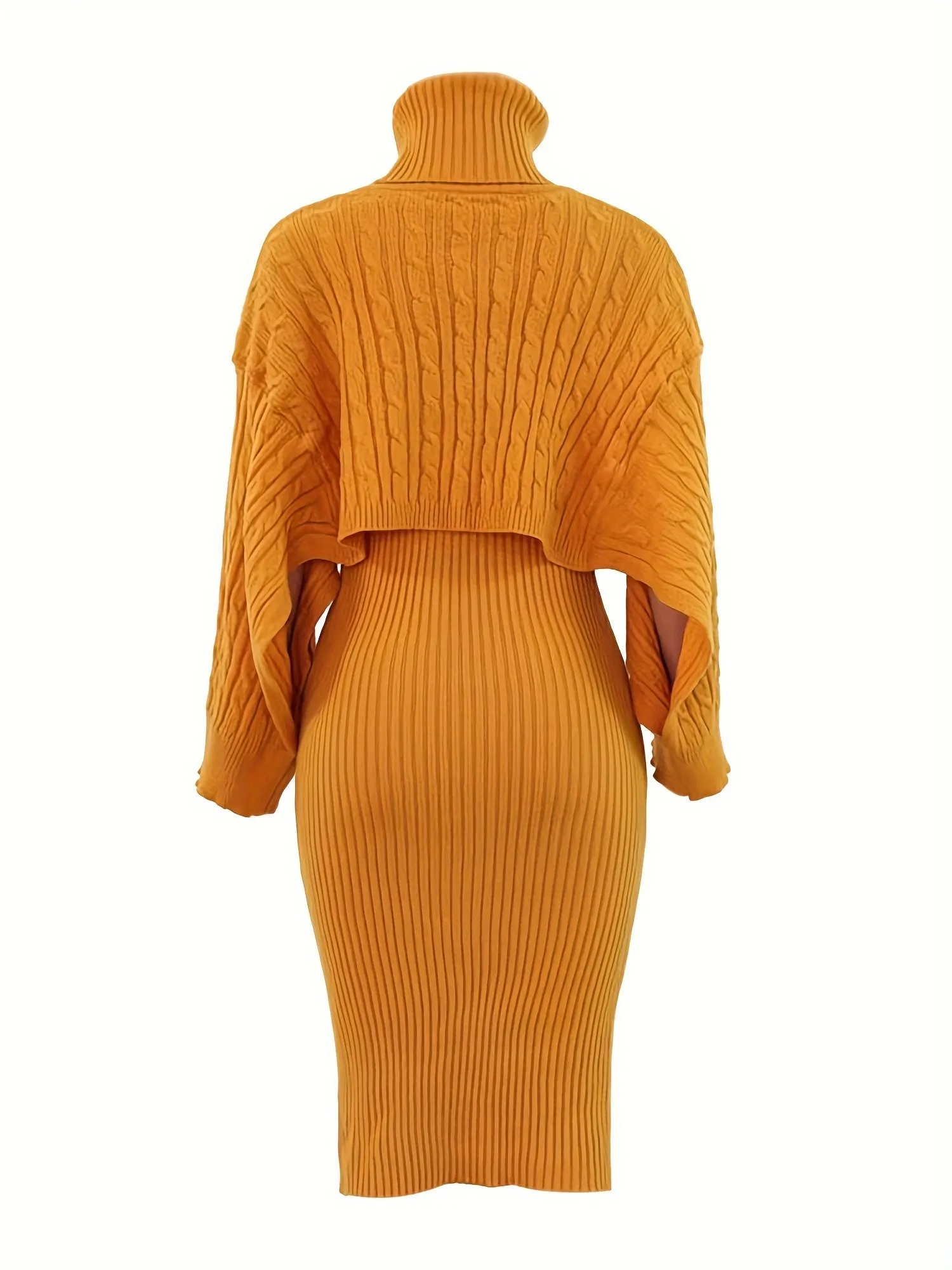 Womens Chic Sweater Dress Set High Neck Cape Sleeves