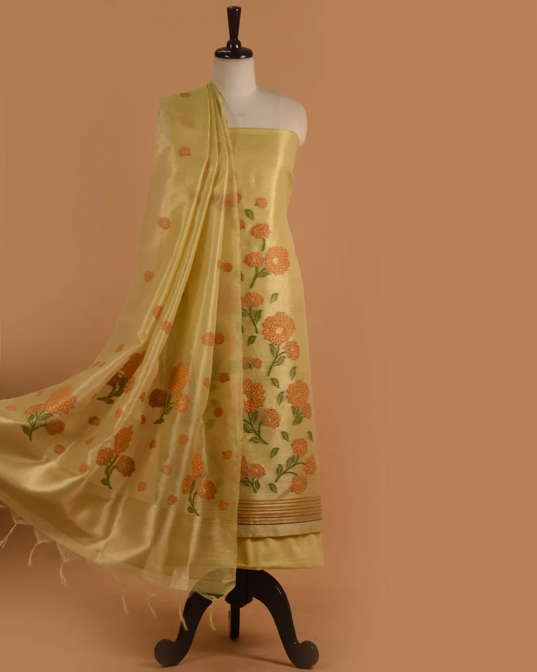 Yellow Chanderi Tissue Blend Jamdani Woven Unstitched Suit Fabric Set With Chanderi Tissue Woven Dupatta