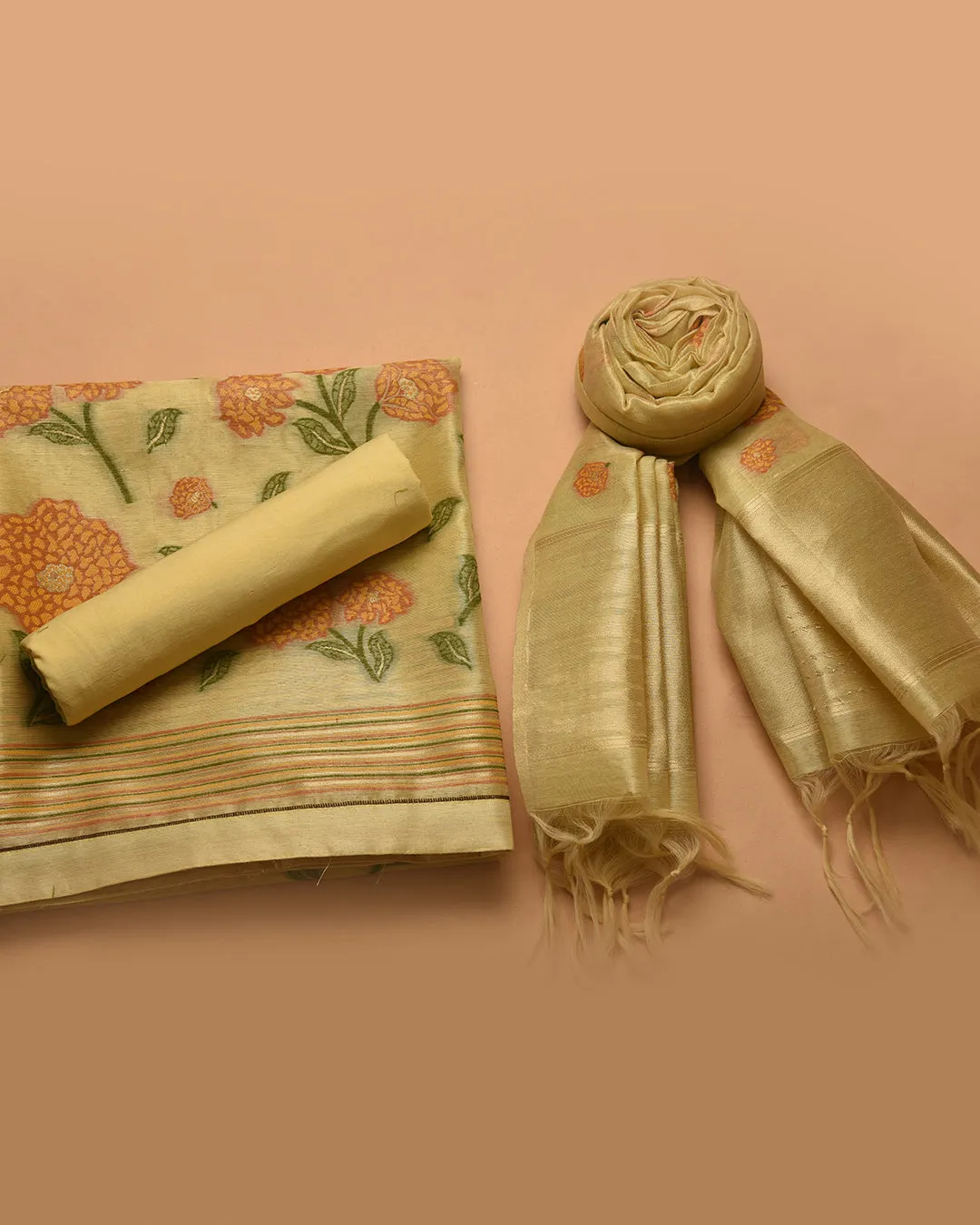 Yellow Chanderi Tissue Blend Jamdani Woven Unstitched Suit Fabric Set With Chanderi Tissue Woven Dupatta